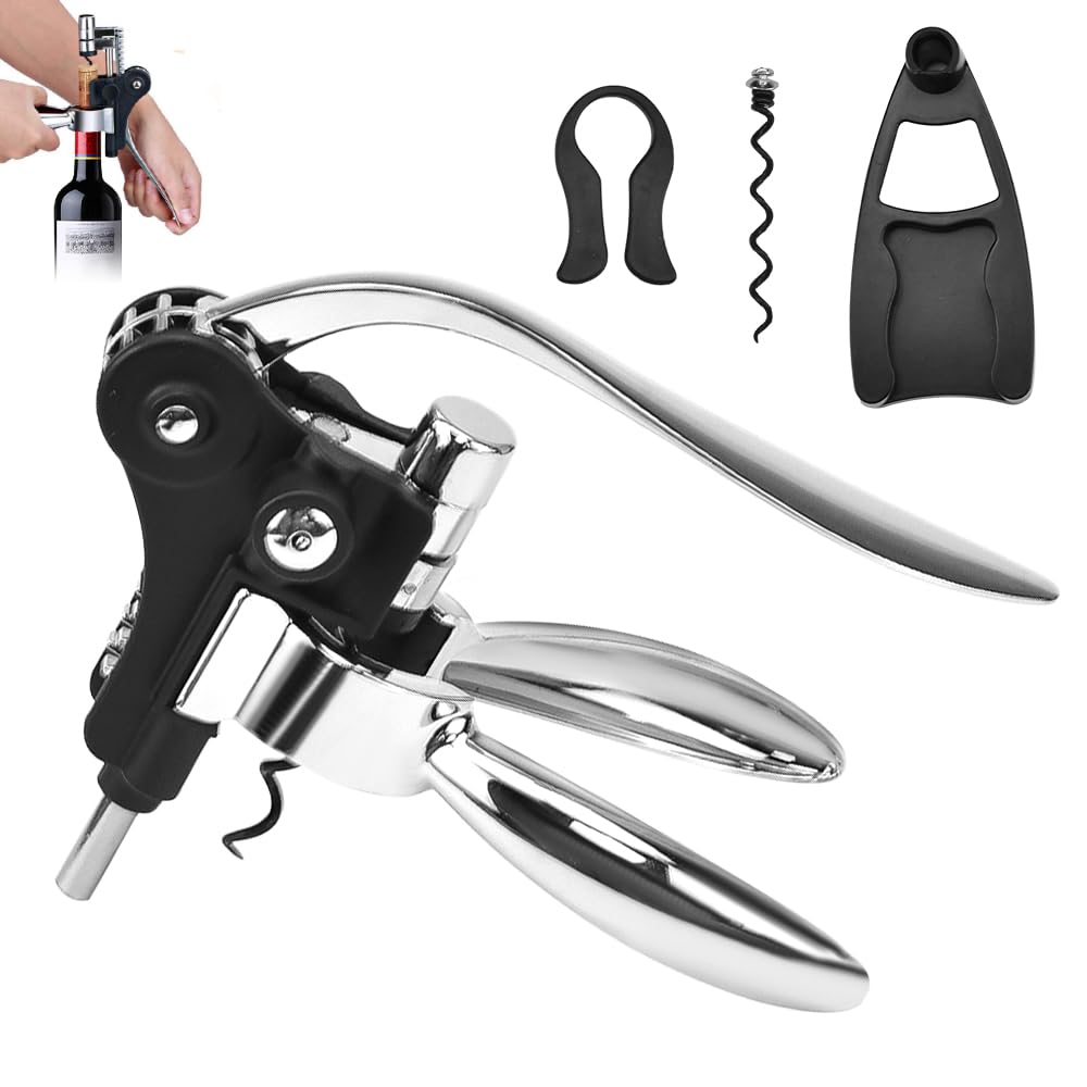 Apribottiglie per Vino Manuale,Cavatappi Manuale a Leva 4 In 1 Set,Cavatappi Professionale,Apribottiglie Manuale Strumento di Apertura Rapida del Vino per Versatore di Vino