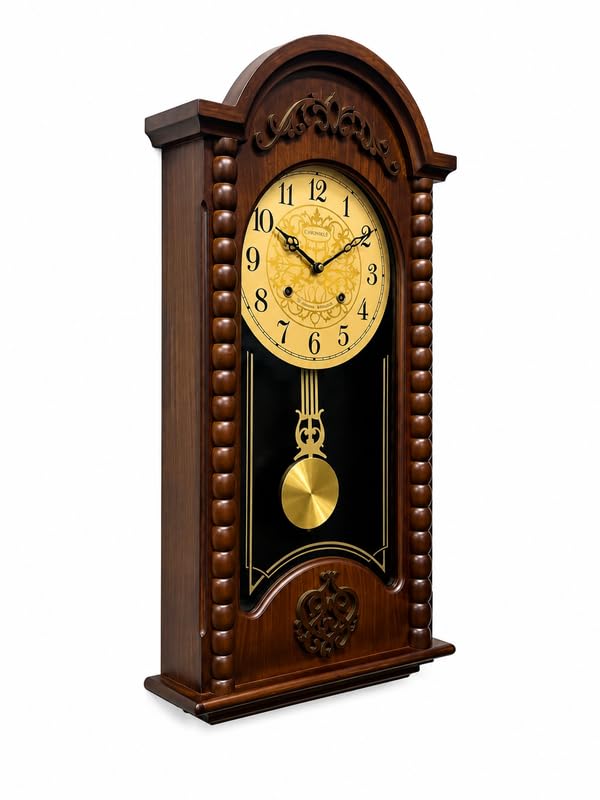Image of Premium Wooden Pendulum Wall Clock with Musical Chime, Golden Dial with Arabic Numerals, Silent Sweep Quartz Movement, Decorative Brown Finish, Battery Operated Wall Clock (27.5 x 14 x 3.5 Inches)