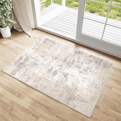 WondRg 2x3 Washable Area Rug Beige Grey Abstract Entryway Kitchen
