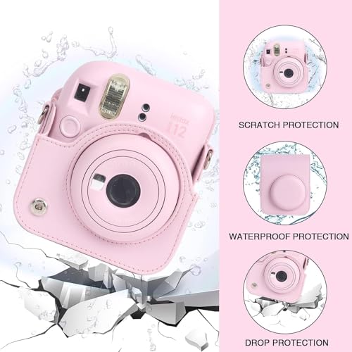 Image of Breatoi PU Leather Camera Case for Mini 12 - Rainproof, Soft, and Stylish in Blossom Pink with Adjustable Shoulder Strap
