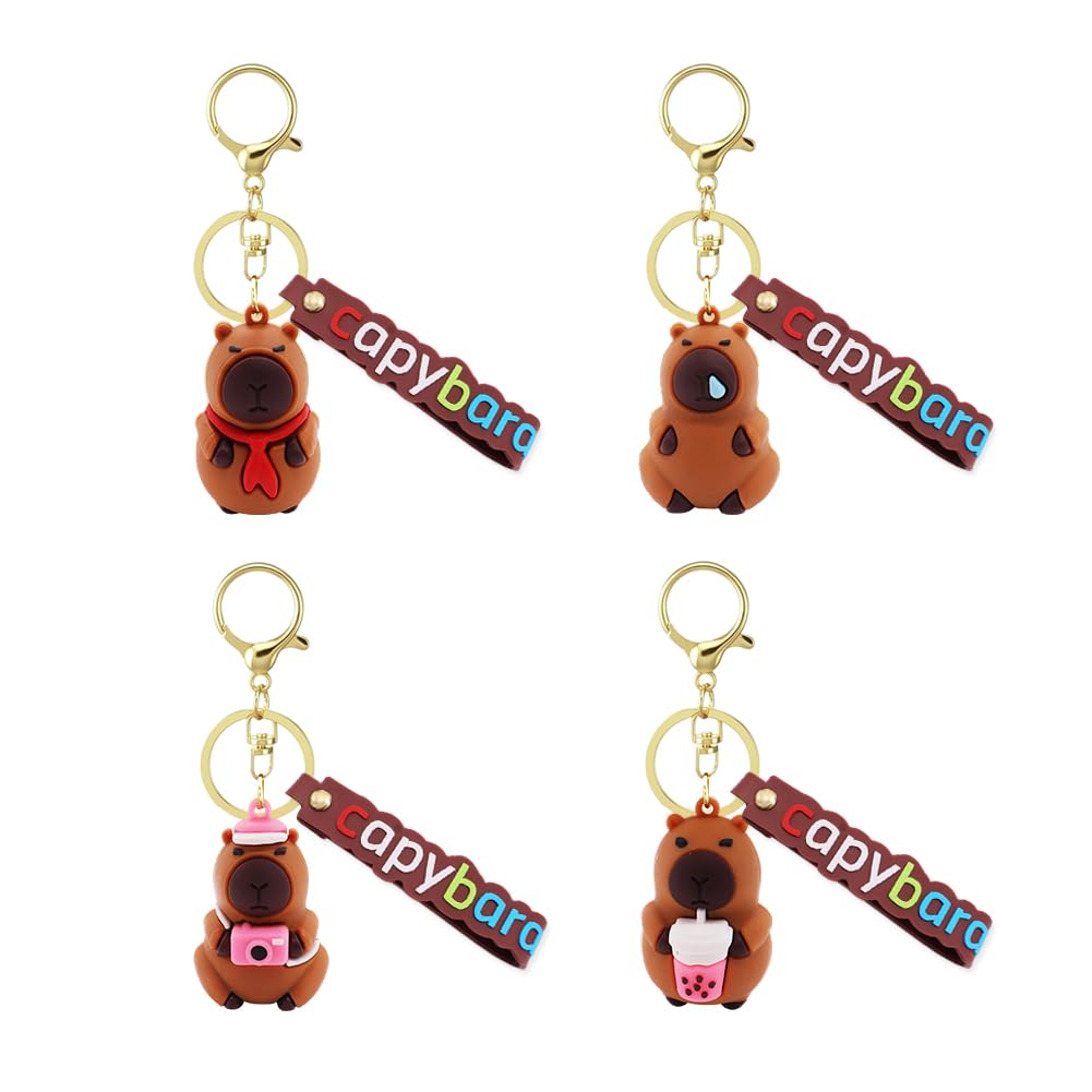 PLNVNVP Cute Capybara Keychain Set,Cartoon Animal Keyring for Backpack,Capybara Silicone Keychains,Gift for Animal Lovers,4Pcs