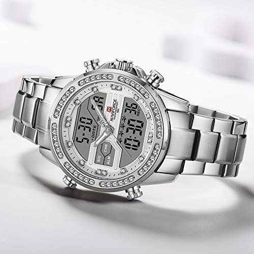 Adaskala NAVIFORCE Quartz Digital Eletrônico Masculino Relógio Dual Time Data Semana Display Backlig
