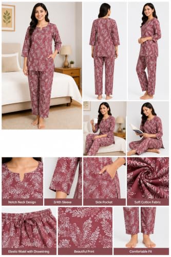 Image of Vlazom Women's Pure Cotton Printed Night Suit Pack of 2 | Soft Breathable Cotton Top & Pajama Set | Half Sleeve Sleepwear & Loungewear | Comfortable Nightwear for Women | Regular Fit