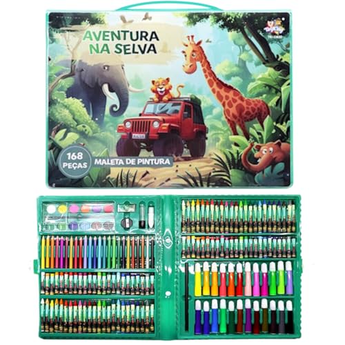 Estojo de Colorir Pintar Safari Lápis Giz Acessórios 168 Peças Maleta de Pintura Infantil