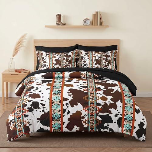 WeCozy 7 Pcs Queen Size Comforter Set with 2 Pillowcases & 2 Shams Cow Brown Cowhide Bedding for Kids and Adults Vintage Retro Bed in a Bag with Flat Fitted Sheet