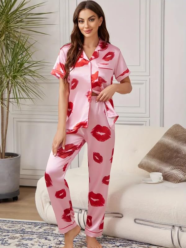 Image of Night Suit for Women with Full Sleeve Button-Down Top with Pant Dress for Woman,Night Dress for Woman, Two-Piece Loungewear Set