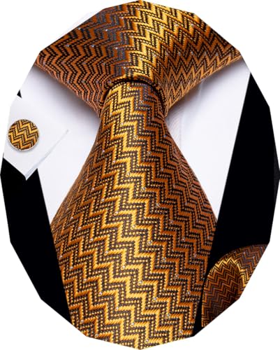 Image of YourTies Gold Ties for Men Striped Tie Woven Silk Golden Necktie Handkerchief Cufflink Formal Business Party Wedding