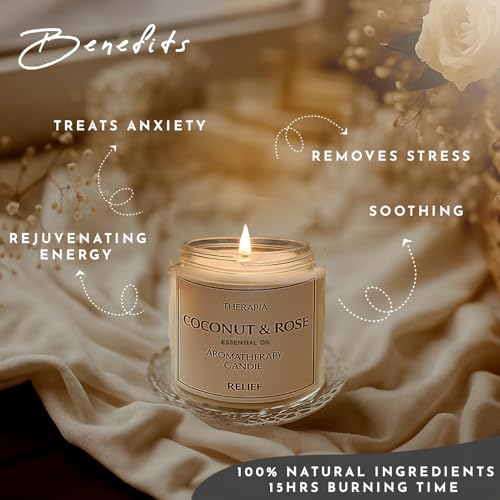 Image of Therapia Stress Relief Coconut & Rose Essential Oil Candle I200gms Handpoured Soy Candles |More Than 12hrs of Burning|Aromatherapy Gifts for Stress Relief, Relaxation and Home Spa