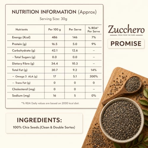 Image of Zucchero Chia Seeds (1kg) - Double Sortex Clean Super Seeds for eating | Omega-3 Loaded | Calcium Rich| Weight Management | Lab Tested | Best for overnight soaking
