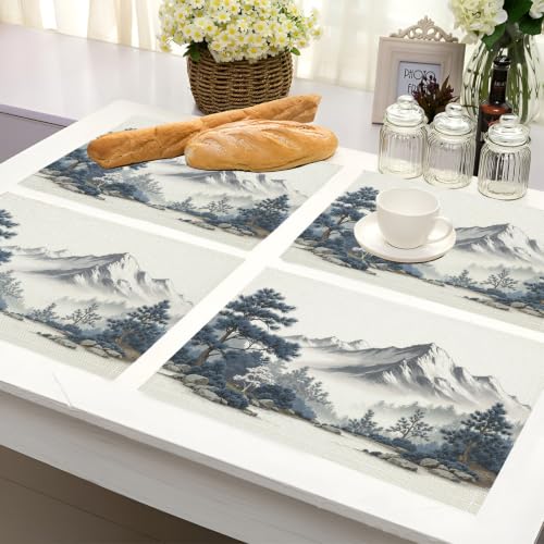 Sets de table peinture à l'encre lin napperon lavable résistant chaleur - 6