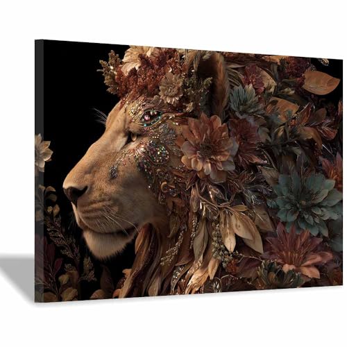 Peinture murale sur toile lion et fleurs pour un intérieur cosy