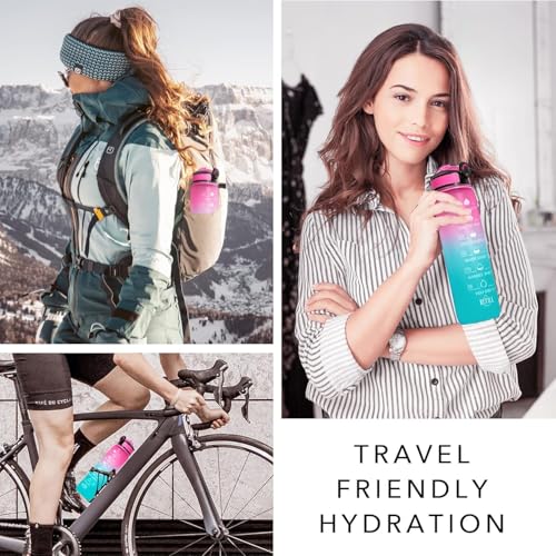 Image of TEKCOOL Motivational 1L Capacity Pink Green Plastic Bottle with Straw | Leakproof, Durable, BPA-Free | Ideal for School /College /Office /Travel, Sports /Outdoor Activities /