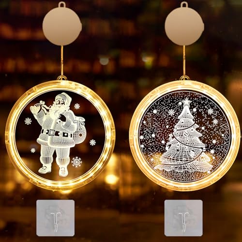 2 Pezzi di Illuminazione Natalizia con Ventosa, Decorazione Natalizia per Finestre con Ventosa, Luce Natalizia Decorativa per Finestre, Luci Natalizie a LED con Ventosa, Luci per Finestre a LED con