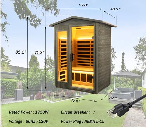 Image of LTCCDSS Ultra Low EMF Outdoor Sauna 2 Person, Carbonized Composite Wood Far Infrared Sauna for Home, EMF 0.1-1mG, 6 Carbon Crystal Heaters, Bluetooth & Chromotherapy (57.8 * 40.5 * 81.1 in)