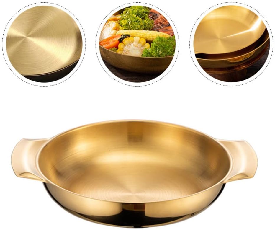 Large Mixing Bowl Paella Pan 16cm Flat Bottom Fry Pan Stainless Steel Skillet Metal Food Serving Tray with Handles for Home Restaurant Camping Silver Stainless Steel Cook,Golden