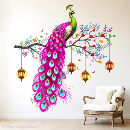Image of Peacock Wall Sticker Vinyl, Colourful Wall Art Decal with Hanging Lanterns, Decorative Sticker for Living Room, Multi-Colour