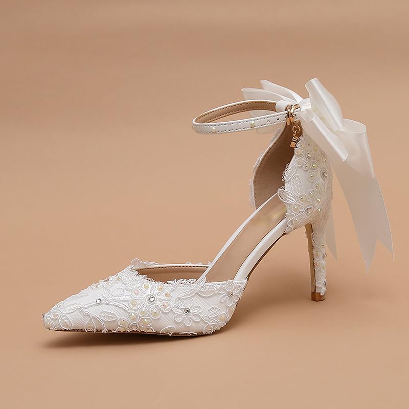 White lace Rhine-Diamond Pointy Heels Sweet Bow Stiletto Bridal Shoes3