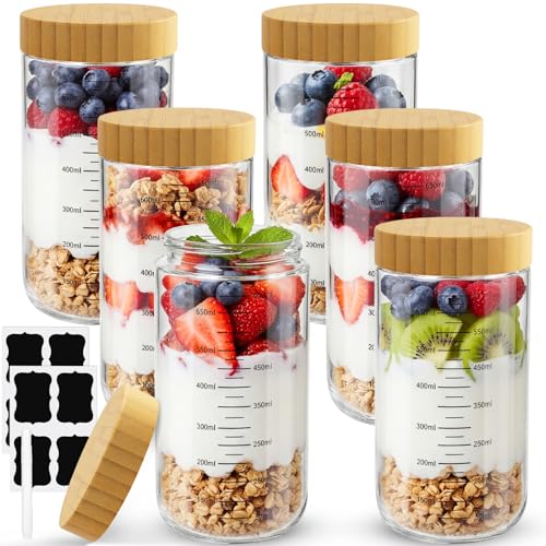 Otauoaea 6 Piezas Tarros de Cristal con Tapa 680ml Vasos Yogurtera con Tapa, Frasco de Vidrio Graduado,Overnight Oats Jar Botes de Cristal Hermetico para Yogur, Mermelada, Ensalada, Cereales, Pudín