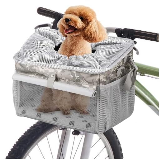 Dog Bike Basket, Pet Bicycle Carrier, Dog Car Seat with Safety Rope, Adjustable Shoulder Strap Portable Breathable Bicycle Basket Bag for Dogs and Cats Up to 15lbs