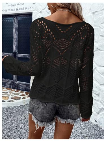 Women's Crochet Sweater Hollow Out Lightweight Sweaters Crew Neck Long Sleeve Casual Pullover Knit Top2