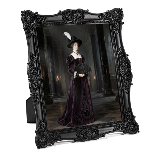 Hwamiora 8x10 Picture Frame Vintage Black Ornate Textured Hand-Crafted Resin Photo Frame with Easel & Hook for Tabletop & Wall Display Retro Design Home Decor