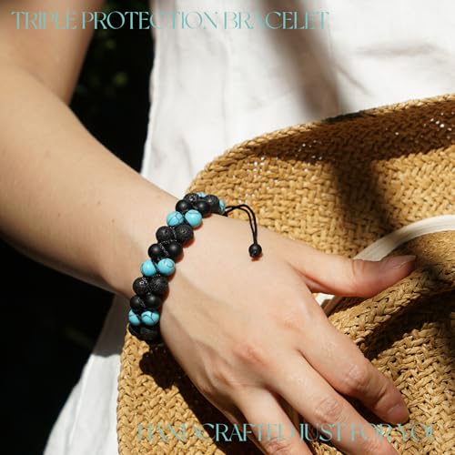 Protection Bracelet for Women/Men – Handmade with Matte Onyx, Turquoise & Lava Stone, 8mm Healing Crystal Bracelet for Grounding, Luck & Positive Vibes3