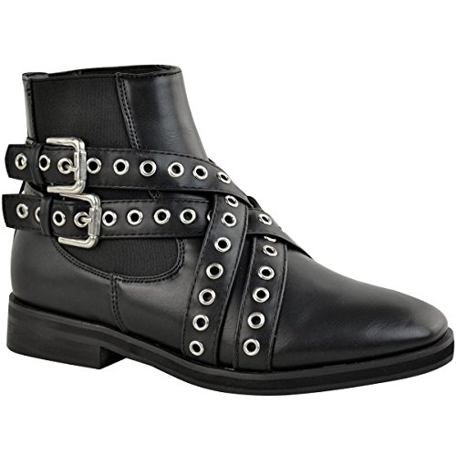Fashion Thirsty Womens Chelsea Flat Ankle Boots Pull On Winter Strappy Studded Shoes Size 9