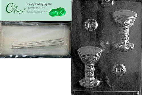 Cybrtrayd Host/Chalice Chocolate Candy Mold with Chocolate Packaging Bundle, Includes 25 Cello Bags, 25 Silver Twist Ties and Exclusive Cybrtrayd Copyrighted Chocolate Molding Instructions