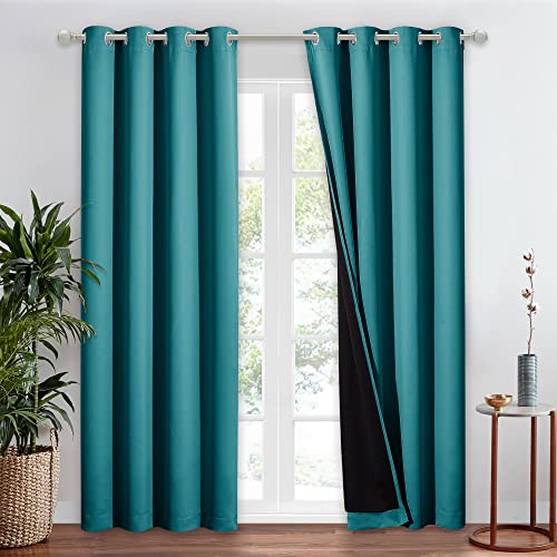 NICETOWN Peacock Teal 100% Blackout Window Curtain Panel, Cold and Full Light Blocking Drape with Black Liner for Nursery, 84 inches Drop Thermal Insu
