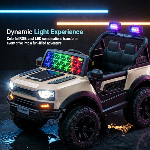 Image of Baybee RoverX Battery Operated Jeep for Kids with Parental Control | Baby Ride On Electric Car with RGB Lights, Music & Swing Mode | Rechargeable Battery Car for Kids 2 to 6 Years Boys, Girls (Desert)
