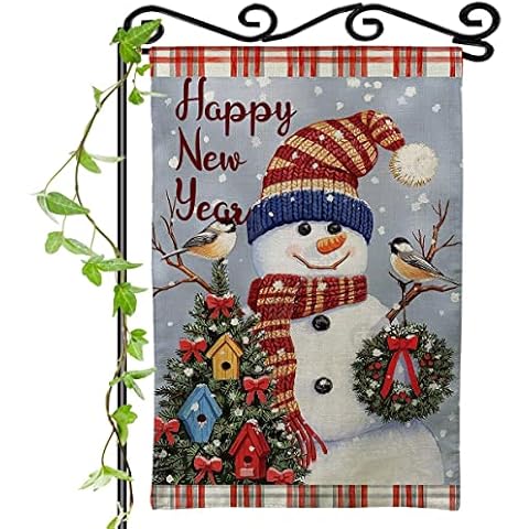 Happy New Year Garden Flag Snowman With Buffalo Plaid Scarf House Yard Outdoor Small Flag Bird Christmas Tree Wreath Sign Rustic Winter Decor 12x18 Cover
