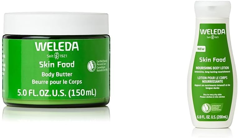 Skin Food Body Butter 5 Fluid Ounce, Sustainable Glass Jar, Plant Rich Hydrating Moisturizer with Shea and Cocoa Butter, Sweet Almond Oil and Pansy & Skin Food Body Lotion