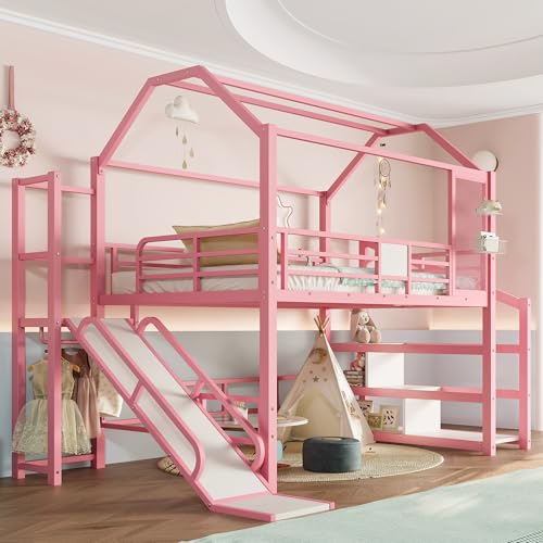 Image of YOPTO Full House Loft Bed with Slide and Stairs,Metal House-Shaped Roof Playhouse Bed w /Storage Shelves,Noise-Free,for Student Dorms,Studio,Pink