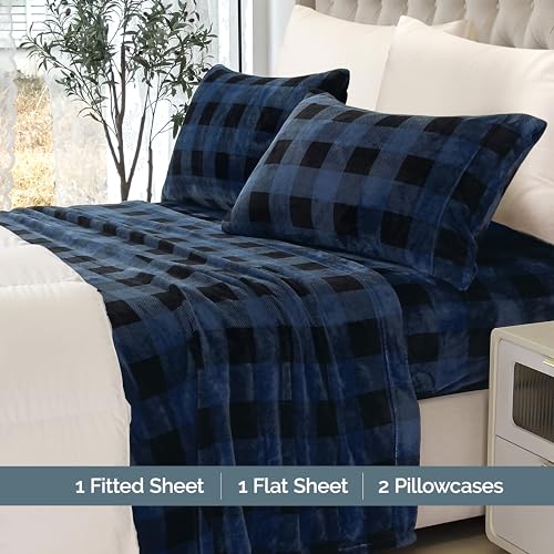 Elegant Comfort Luxuriously Soft 4-Piece Velvet Plush Flannel Sheet Set - Premium Quality - Cozy Warm, Anti-Static, Non Pilling Fuzzy Velvet Flannel Fleece Deep Pocket Sheet Set - Full, Buffalo Blue