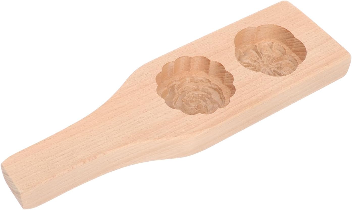 Ipetboom Wooden Chinese Mooncake Mold Mooncake Press Traditional 3d Double Flower Design Handled Moon Cake Holder for Mid-autumn Festival Baking