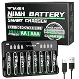 Taken Pilas AA recargables con cargador, hechas con un 25% de materiales reciclados con cargador de batería inteligente de 8 bahías para carga rápida de