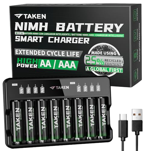 Taken Rechargeable AA Batteries with Charger, 8-Pack 3100mWh Double A Batteries Made with 25% Recycled Materials with 8 Bay Smart Battery Charger for Fast Charging of AA & AAA Batteries