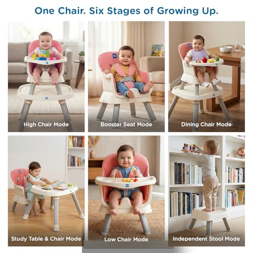 Image of Mee Mee Little Scholar Baby High Chair for Baby Feeding, 6-in-1 Convertible Kids Feeding Chair Compact Fold with High Adjustable, Play Chair Booster, Travel Friendly, 0.5 to 3 Years Kids (Pink)