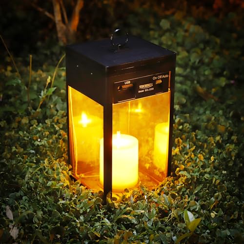 Image of TECHKO Solar Candle Modern Hanging Lantern with Dusk to Dawn Feature - Waterproof LED Flickering Flameless Candle, Decorative Outdoor Garden Lights for Table, Patio, Pathway, Yard