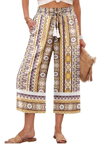 KISSMODA Ladies Summer Wide Leg Pants Flowy High Waist Cropped