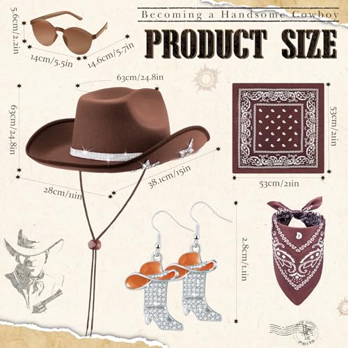 Image of Hercicy 4 Pcs Cowgirl Costume Set Cowboy Hat Sunglasses Bandana Earring Halloween Costume Accessories for Women Cosplay Party