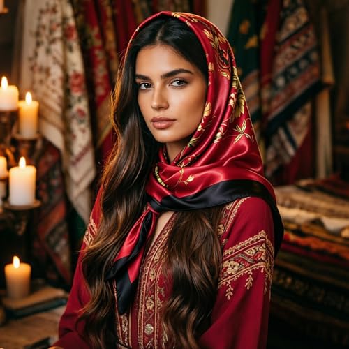 Image of DRESHOW 35 inch Large Square Satin Head Scarf - 4Pcs Silk Accessories Classic Patterned Squares Beach Bandanas for Women