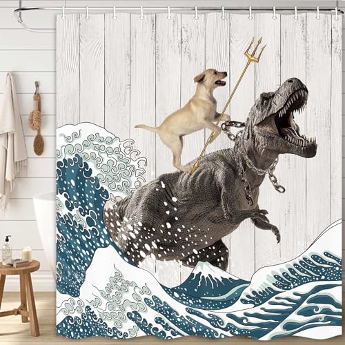 Image of Boziqr Funny Dog Shower Curtain, Japanese Ocean Wave Dinosaur Rustic Barn Door Decor Fabric Bathroom Curtains Set, Cute Animal Kids Polyester Fabric Waterproof, 70 X 78 Inches