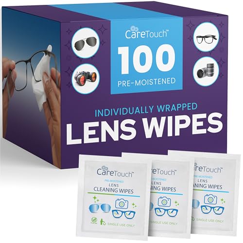 Care Touch Lens Wipes for Eyeglasses- 100 Count Individually Wrapped Pre- Moistened Wipes, 5 x 6 Inch- Camera Lens, Sunglasses and Glasses Cleaner,- Gentle and Portable for Cleaning of Optical Devices