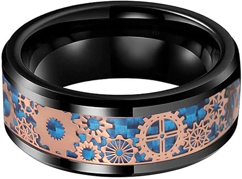 Miniatura 2 de Anillo de tungsteno de 6 mm y 8 mm color negro, plateado, rojo y azul para hombres y mujeres, anillos de matrimonio estilo Steampunk con engranes,