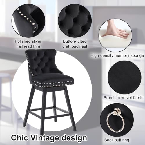 Image of Black Swivel Bar Stools, Velvet Counter Height Bar Stools Set of 4 | 360 Swivel Bar Chairs, Solid Wood Legs, Upholstered Kitchen Island Stools, Modern Extra Wide Seat (Black, 30 inch H, 4 Pack)