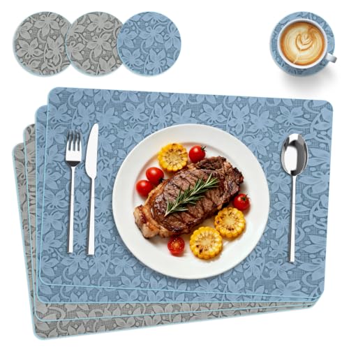 Image of BOCHION Placemats and Coaster Sets 4, PU Leather Place Mats for Table 4