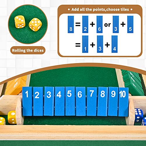 Image of 1-4 Players Shut The Box Dice Game, 10 Numbers Traditional Wooden Pub Bar Board Family Table Mat Game Dice for Kids and Adults