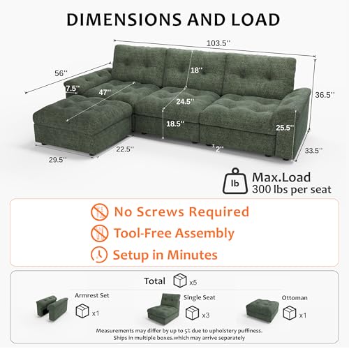 Image of Oversized Modular Sectional Sofa with Storage, Modern Deep Seat Cloud Couch for Living Room, L-Shaped Large Sectional Couch, 3 Seater with Ottoman, Green