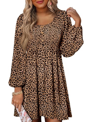 Dokotoo Womens Fashion Fall Dresses Long Sleeve Crewneck Buttons Empire Waist Casual Dress Smocked A-Line Leopard Print Brown Dress Large